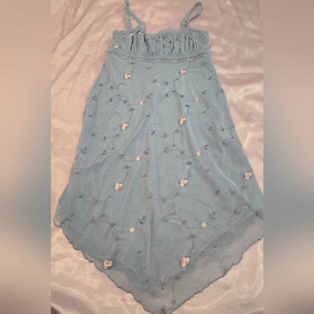 Nwt Urban Outfitters Blue  Nikita Embroidered Hanky Hem Mini Dress